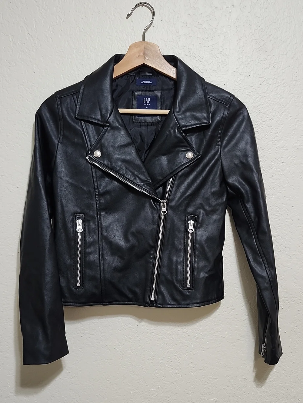 Gap Teen Black Faux-Leather Recycled Moto Biker Jacket - Sz 10 Biker Unisex
